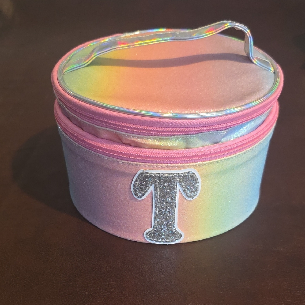 Personalized Rainbow Pink Kids Accessory Case with Glitter Initial T